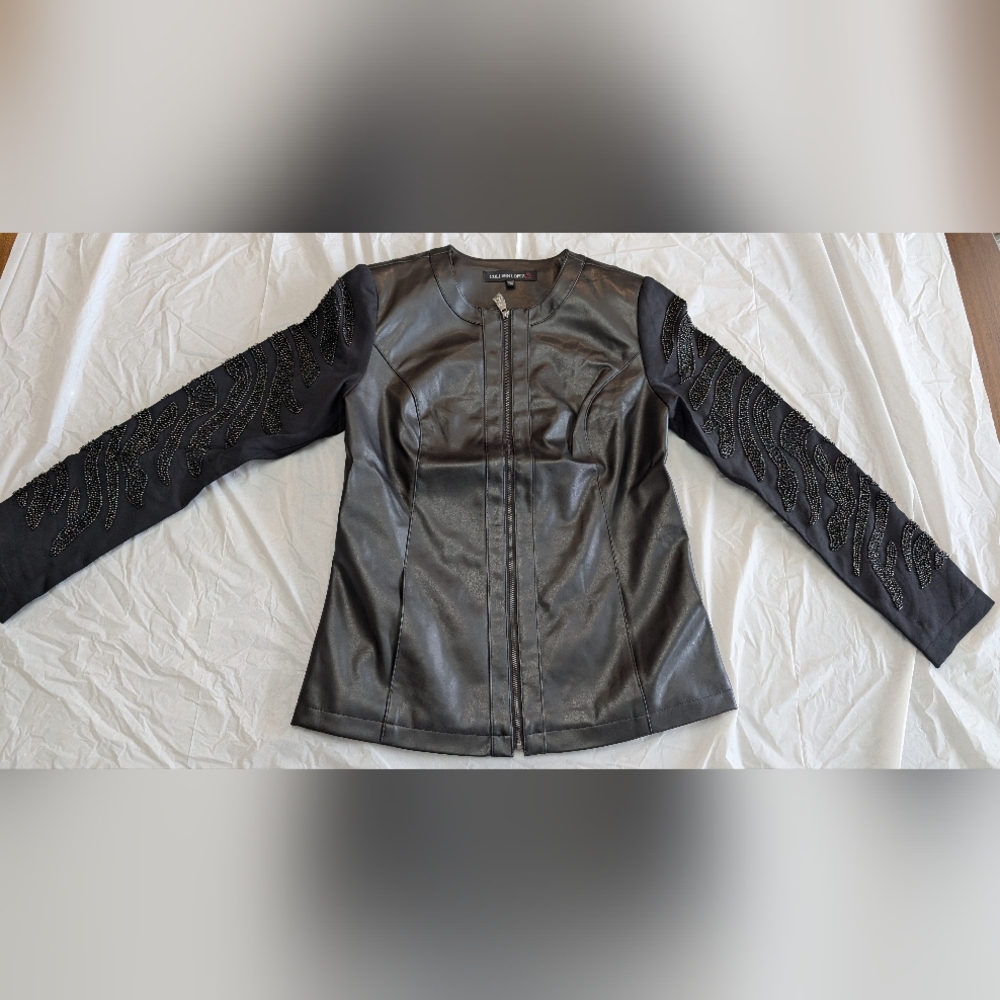 Colleen Lopez Faux Leather Jacket Women's Small Black Twill Lace  Sleeves NWT XS